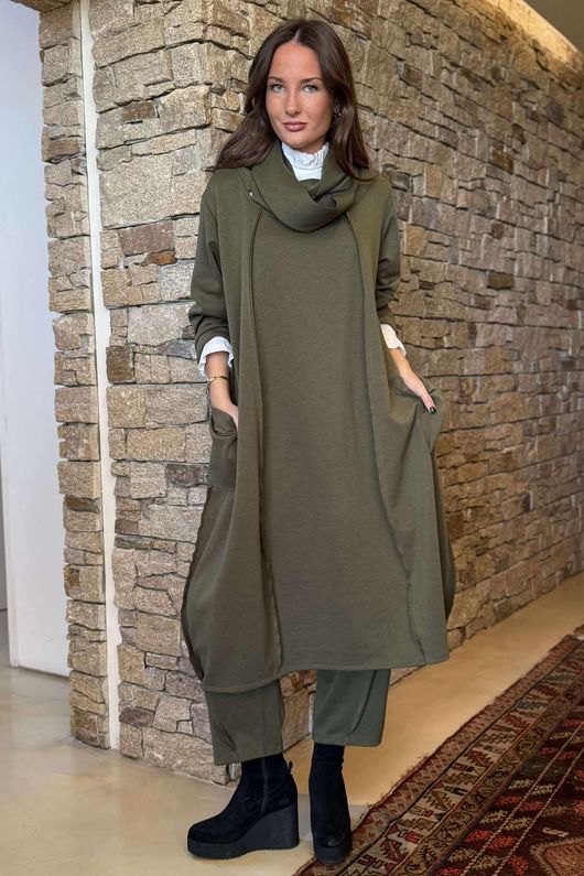 Sola Smart Tech Cowl Cocoon Dress Khaki